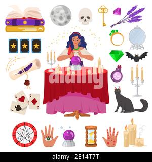 Gypsy fortune teller with magic crystal ball and burning candles on table flat vector illustration. Astrology, esoteric. Stock Vector