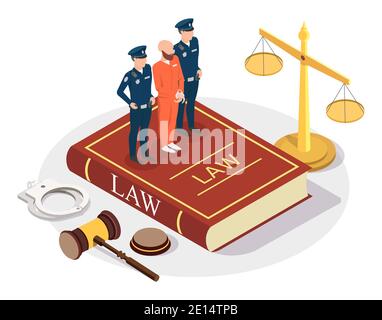 Isometric arrested offender with policeman characters standing on Law book, flat vector illustration. Law and justice. Stock Vector