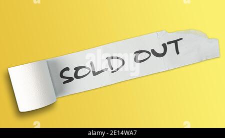 SOLD OUT written on partially unrolled roll of toilet paper on yellow background Stock Photo
