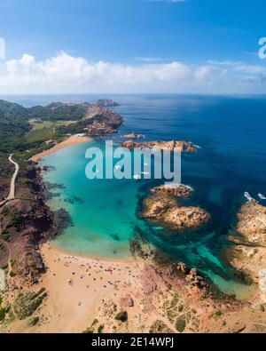 Aerial view of Cala Pregonda, a popular beach on the north coast of Menorca, Balearic Islands, Spain Stock Photo