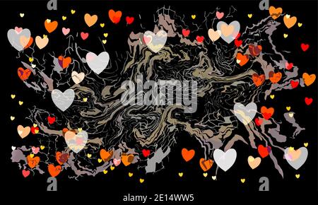 St Valentines day dark graffity background with hearts and curves isolated on black background layered eps10 vector illustration. Stock Vector
