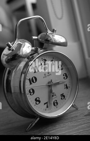 Vintage alarm clock in black and white Stock Photo
