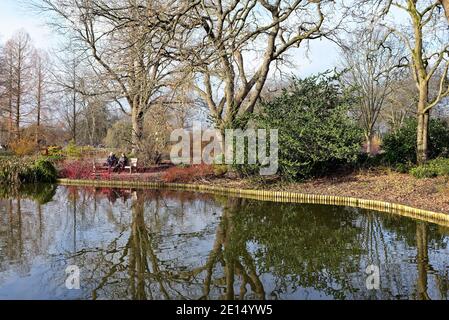 Two people sitting on a bench by the lake  in winter landscape at Wisley RHS gardens Surrey England UK Stock Photo