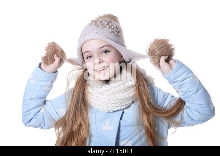 Portrait of happy little girl in warm clothes Stock Photo