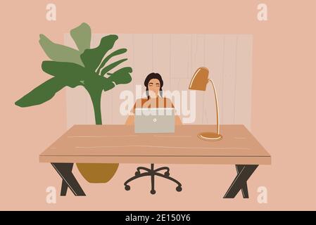 Woman work from home office on laptop. Vector illustration in pastel tones Stock Vector