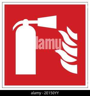Red and white fire extinguisher sign symbol with flames Stock Vector