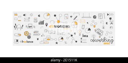 Vector doodles office co-work concept. Coworking and collaborative workspace and freelance. Hand drawing illustrations for web banner, design Stock Vector