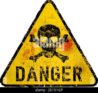 grungy style danger sign with skull and bones, vector illustration Stock Vector