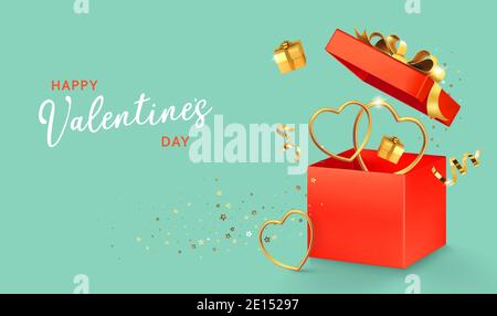 Valentine's day design. Open red gift box with assortment gold boxes, hearts, confetti on. 3d realistic vector. Holiday poster, flyer, banner. Stock Vector