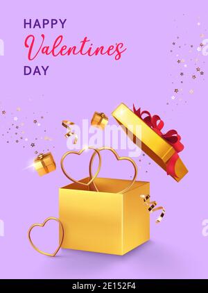 Valentine's day design. Open gold gift box with assortment boxes, golden hearts, confetti on lilac background. 3d realistic vector. Holiday poster Stock Vector