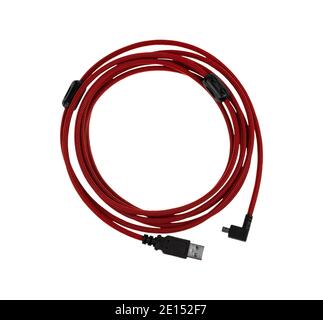Red tethering USB2.0 to mini 8 Pin shooting cable for data transmission between DSLR cameras and computer isolated on white background. Stock Photo