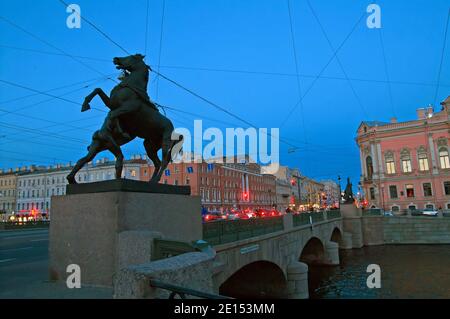 SAINT-PETERSBURG, RUSSIA - SEPTEMBER 18, 2008: Anichkov Bridge with sculptures of horses, Saint-Petersburg, Russia Stock Photo