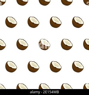 Coconut seamless pattern in cartoon style on white background. Trendy abstract nature backdrop. Vector food, vegetables and fruits illustration collection. Stock Vector