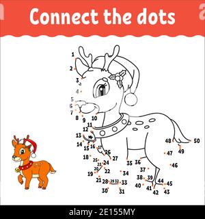 Christmas deer. Dot to dot game. Draw a line. Handwriting practice. Learning numbers for kids. Activity worksheet. Coloring book. With answer. Isolate Stock Vector