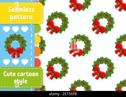 Christmas wreath of holly leaves and berries decorated with a bow. Colored seamless pattern. Cartoon style. New Year theme. Vector illustration isolat Stock Vector