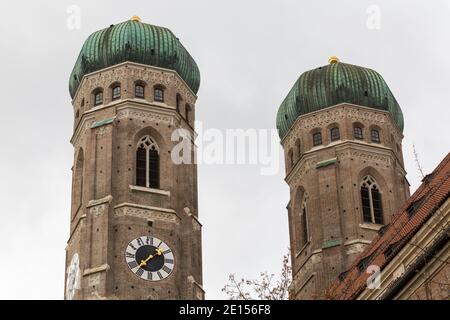 Munich, Bavaria / Germany - Oct 30, 2020: View on the two towers of the Frauenkirche. One of the most popular and famous buildings in Munich. Stock Photo