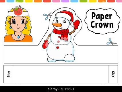 Paper crown template for kids. For games, parties, birthdays, holidays. With a cute cartoon character. Color vector illustration isolated on a white b Stock Vector