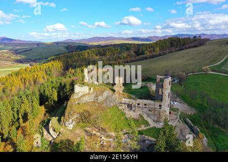 Aerial view of castle in Plavec village in Slovakia Stock Photo