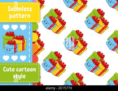 Colored seamless pattern. Holiday boxes with gifts decorated with ribbons with bows. Cartoon style. Christmas theme. Vector illustration isolated on w Stock Vector