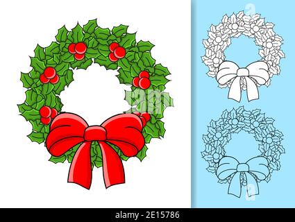 Christmas wreath of holly leaves and berries decorated with a bow. Set of vector illustrations isolated on white and colored background. Design elemen Stock Vector