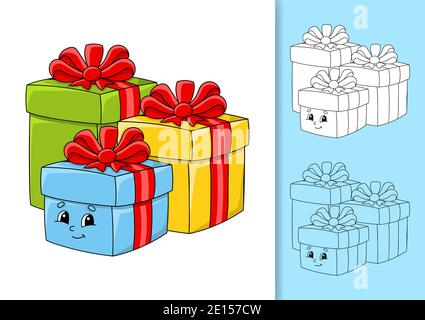 Holiday boxes with gifts decorated with ribbons with bows. Set of vector illustrations isolated on white and colored background. Design element. Black Stock Vector