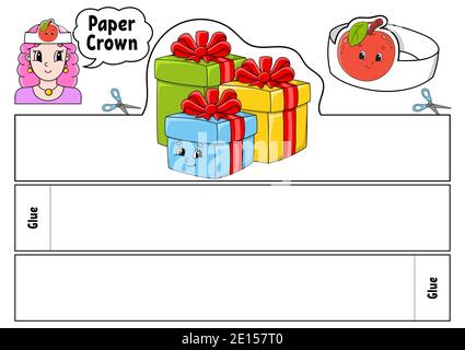 Paper crown template for kids. For games, parties, birthdays, holidays. With a cute cartoon character. Color vector illustration isolated on a white b Stock Vector