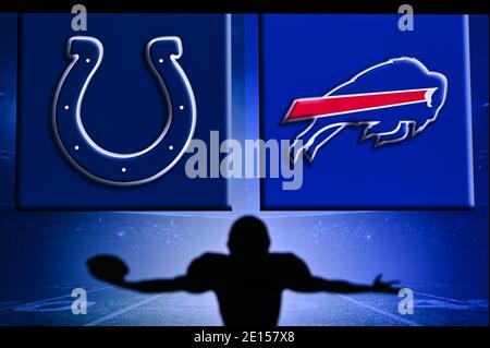 NYC, USA, JANUARY 2. 2021: NFL Wild Card Match, 2021 play off season: Indianapolis Colts vs. Buffalo Bills.. Silhouette of professional american footb Stock Photo