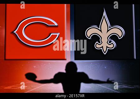 NYC, USA, JANUARY 2. 2021: NFL Wild Card Match, 2021 play off season: Chicago Bears vs. New Orleans Saints.. Silhouette of professional american footb Stock Photo