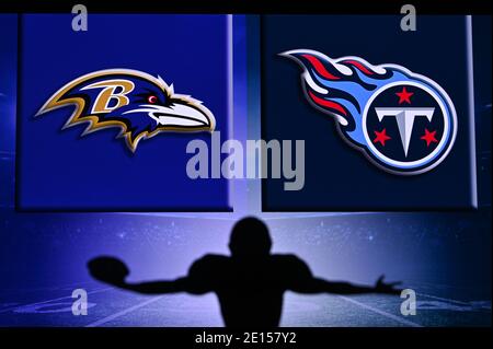 NYC, USA, JANUARY 2. 2021: NFL Wild Card Match, 2021 play off season: Baltimore Ravens vs. Tennessee Titans. . Silhouette of professional american foo Stock Photo