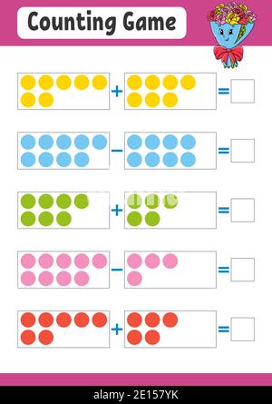 Addition with cute cartoon rose flower. Educational math game for kids ...