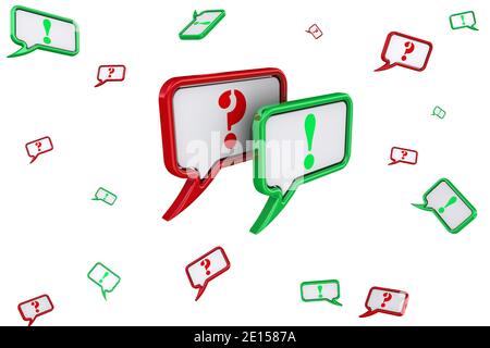 Volumetric red speech bubble. Many green and red speech bubbles with question and exclamation marks isolated on white background. 3D Illustration Stock Photo