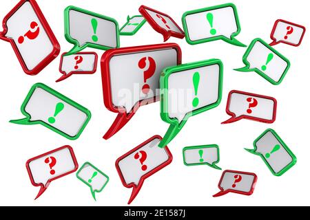 Volumetric red speech bubble. Many green and red speech bubbles with question and exclamation marks isolated on white background. 3D Illustration Stock Photo