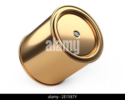 A closed golden paint can stands on its side and balances on the verge of falling. Template for your advertisement. 3d illustration isolated on white Stock Photo