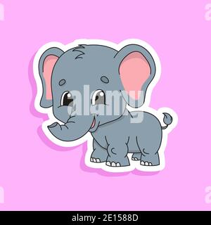 Gray elephant. Bright color sticker of a cute cartoon character. Flat vector illustration isolated on color background. Design element. Stock Vector
