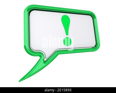 Exclamation point on speech bubbles. One green speech bubble with exclamation point isolated on white background. 3D Illustration Stock Photo