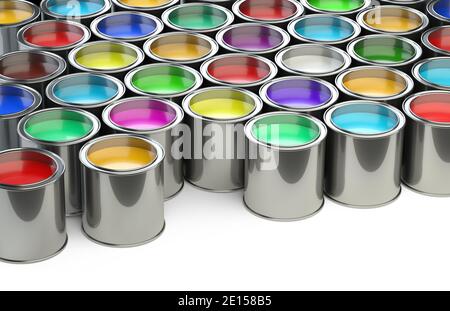 Paint cans color palette, cans opened top view Stock Photo - Alamy