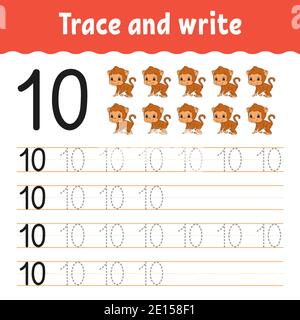Trace and write. Handwriting practice. Learning numbers for kids. Education developing worksheet. Activity page. Game for toddlers and preschoolers. I Stock Vector