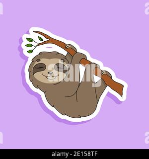 Satisfied sloth. Bright color sticker of a cute cartoon character. Flat vector illustration isolated on color background. Design element. Stock Vector