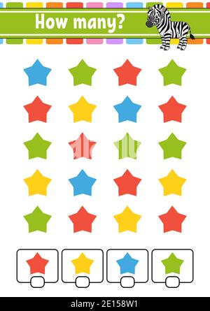 Counting game for children. Happy characters. Learning mathematics. How many object in the picture. Education worksheet. With space for answers. Isola Stock Vector