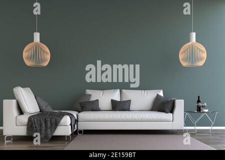 Modern loft style apartment with large floor-to-ceiling windows. Sofa, ceiling lamps  and coffee table in front of blank green wall. 3d render Stock Photo