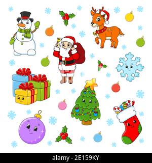 Set of cartoon characters. Happy Christmas tree, Santa Claus, deer, snowman, gift boxes, sock, snowflake, ball. New Year and Merry Christmas. Hand dra Stock Vector