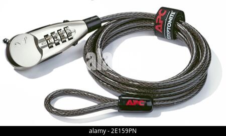 APC coiled cable and bike lock photographed on a white background Stock Photo