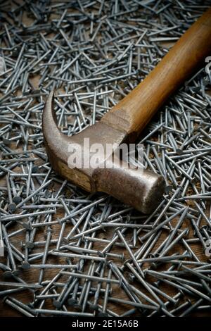 Hammer & nails still life close up. Stock Photo