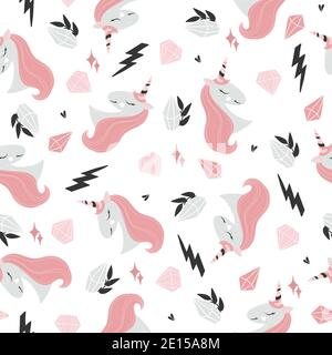 Cute childish seamless pattern with unicorn, crystals, hearts, stars. Vector illustration. Pink, black and grey elements on white background. Stock Vector