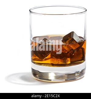 Ice cube gems in a glass of whisky designed by Anna Rabinowicz photographed on a white background Stock Photo