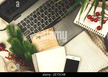 Winter workplace and workspace composition, flat lay design for background with laptop, business concept. High quality photo Stock Photo