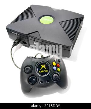 Xbox gaming console and controller photographed on a white background Stock Photo