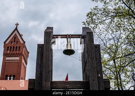 Minsk, Belarus - April 29, 2017: Church of St. Simeon and St. Helena and bell. Independence Avenue Stock Photo