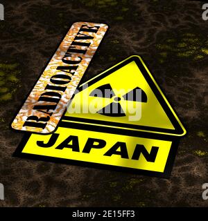 Radiation pollution in Japan. A warning yellow sign of radioactive hazard with the table labeled RADIOACTIVE and JAPAN lie on the dangerous ground Stock Photo