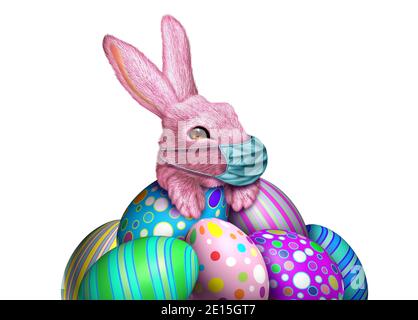 Easter bunny face mask and spring season health as a seasonal sign with a rabbit and decorated egg wearing a medical face mask and surgical facial pro Stock Photo